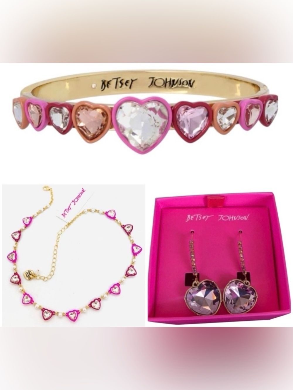 BETSEY JOHNSON SET Multi-Heart Crystal-Studded Necklace Bracelet & Earrings NWT